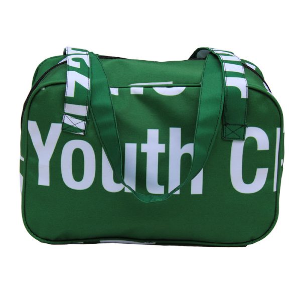 green and white billboard banner hand bag