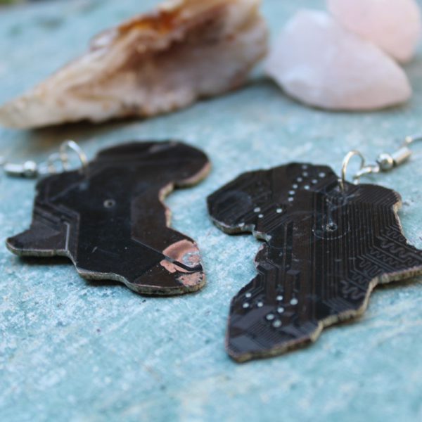Computer motherboard cut up into earring that are africa shaped