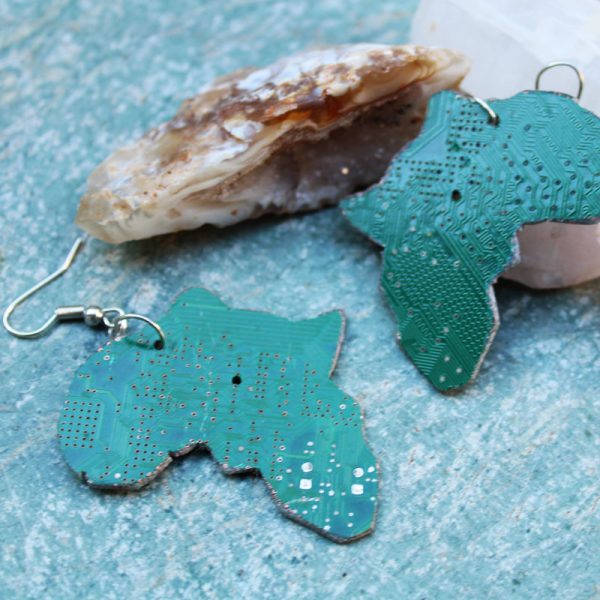 Computer motherboard cut up into earring that are africa shaped