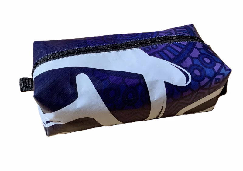 purple and white utility bag