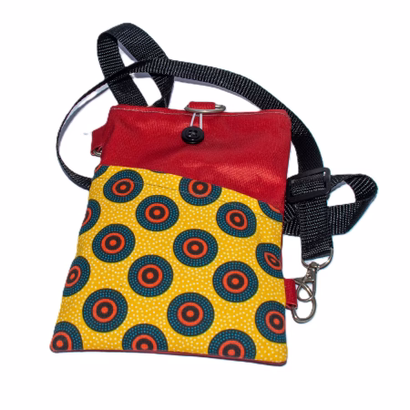 shwe shwe, red and yellow pattern, and polyester cell phone cross body bag