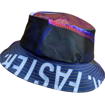 picture of a bucket hat with partial words on the brim