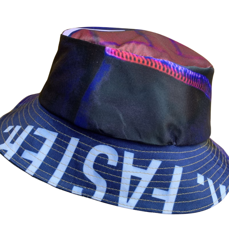 picture of a bucket hat with partial words on the brim